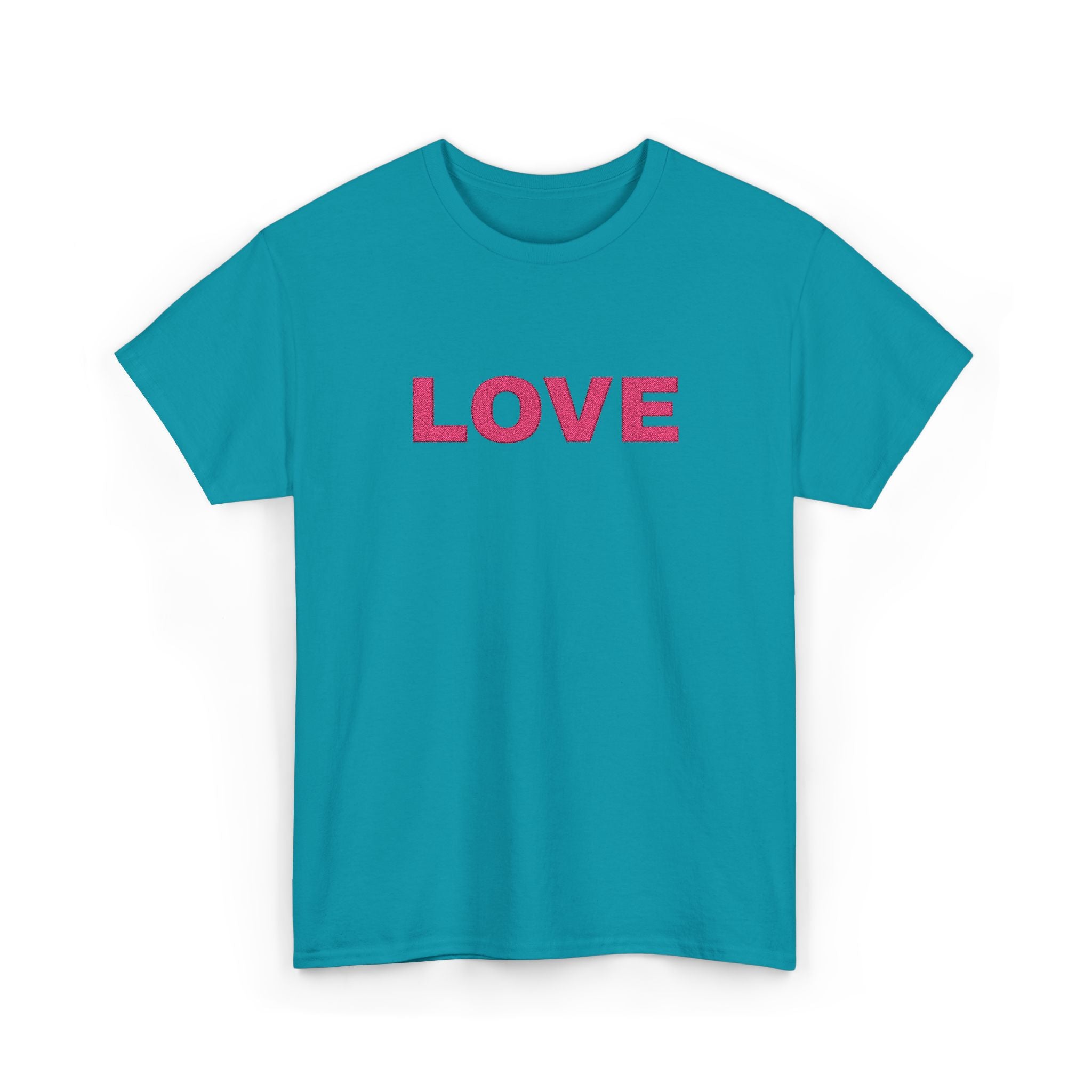 LOVE Glitter Text T-Shirt — Women's Pink Sparkle Tee for Valentine's Day
