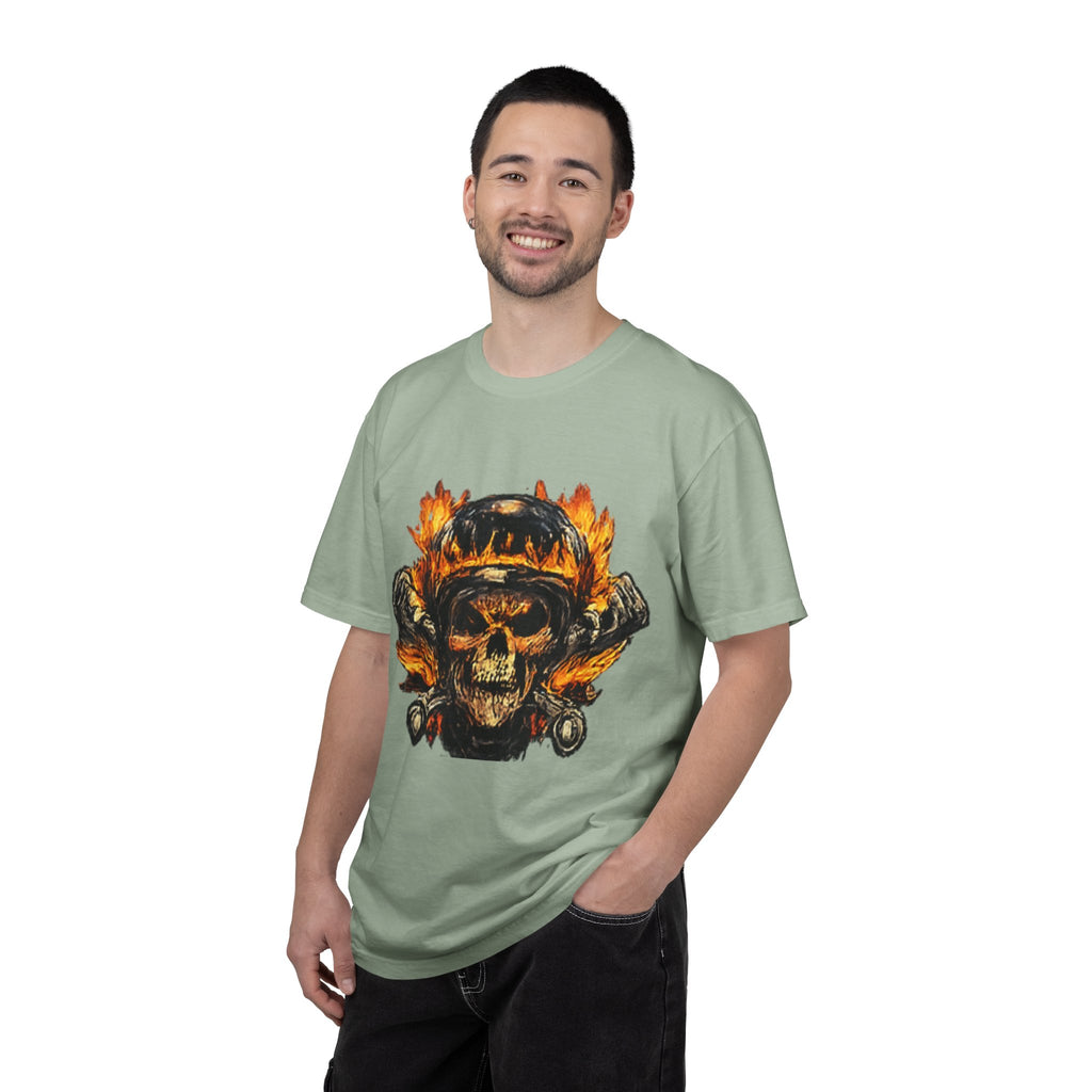 Flaming Skull Helmet T‑Shirt — Biker Rock Graphic Tee