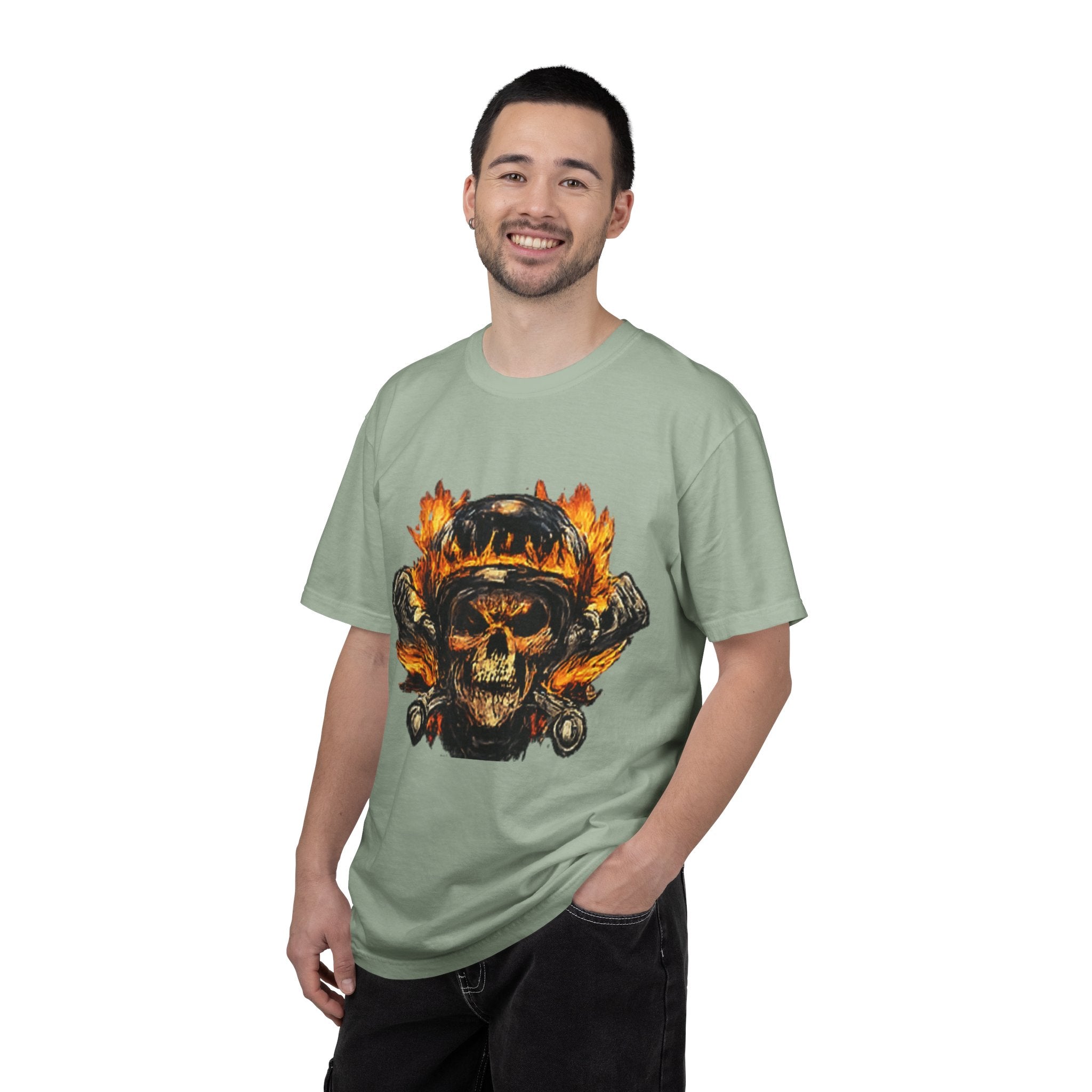 Flaming Skull Helmet T‑Shirt — Biker Rock Graphic Tee