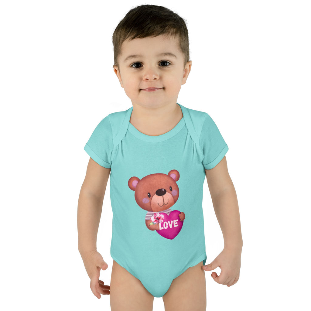 Baby Bodysuit - Cute Teddy Holding 'Love' Heart | Infant Valentine Onesie