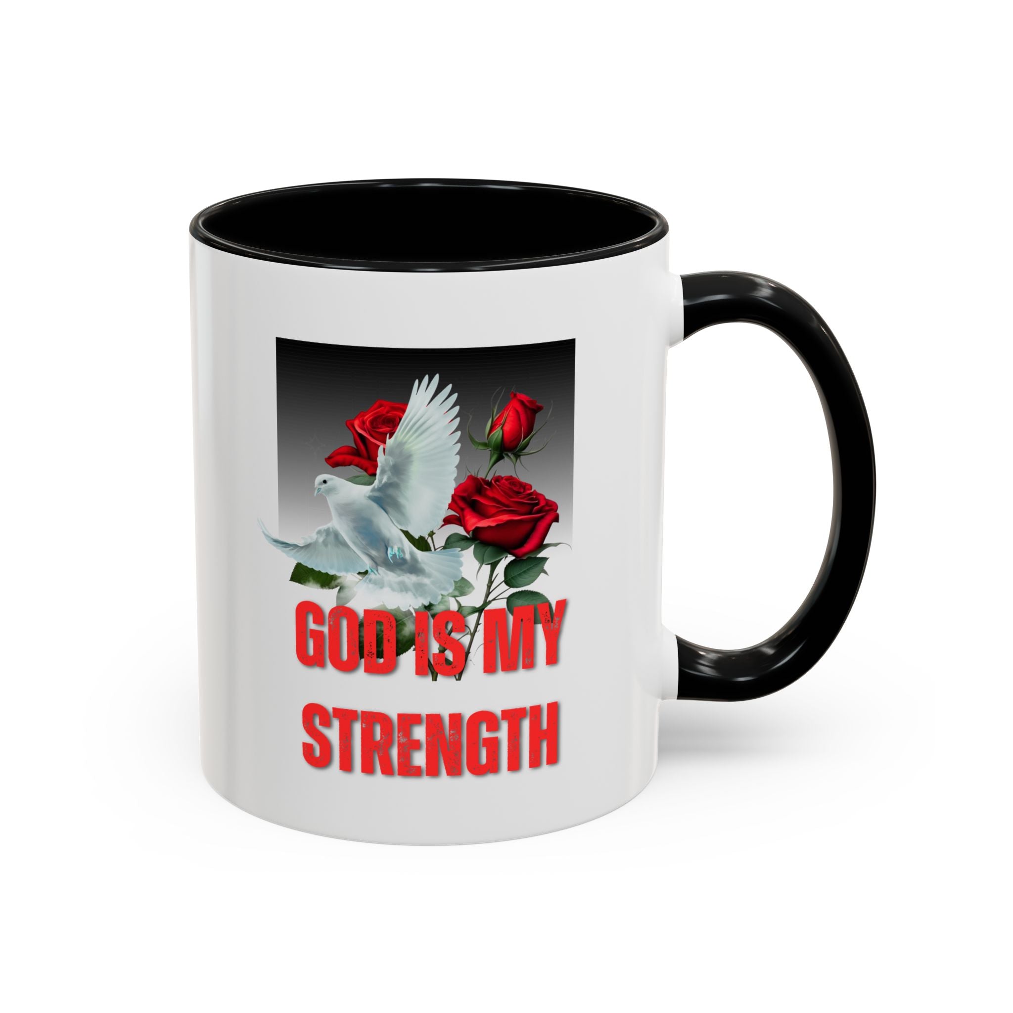 God Is My Strength Accent Coffee Mug – Inspirational Christian Dove & Roses (11/15oz)